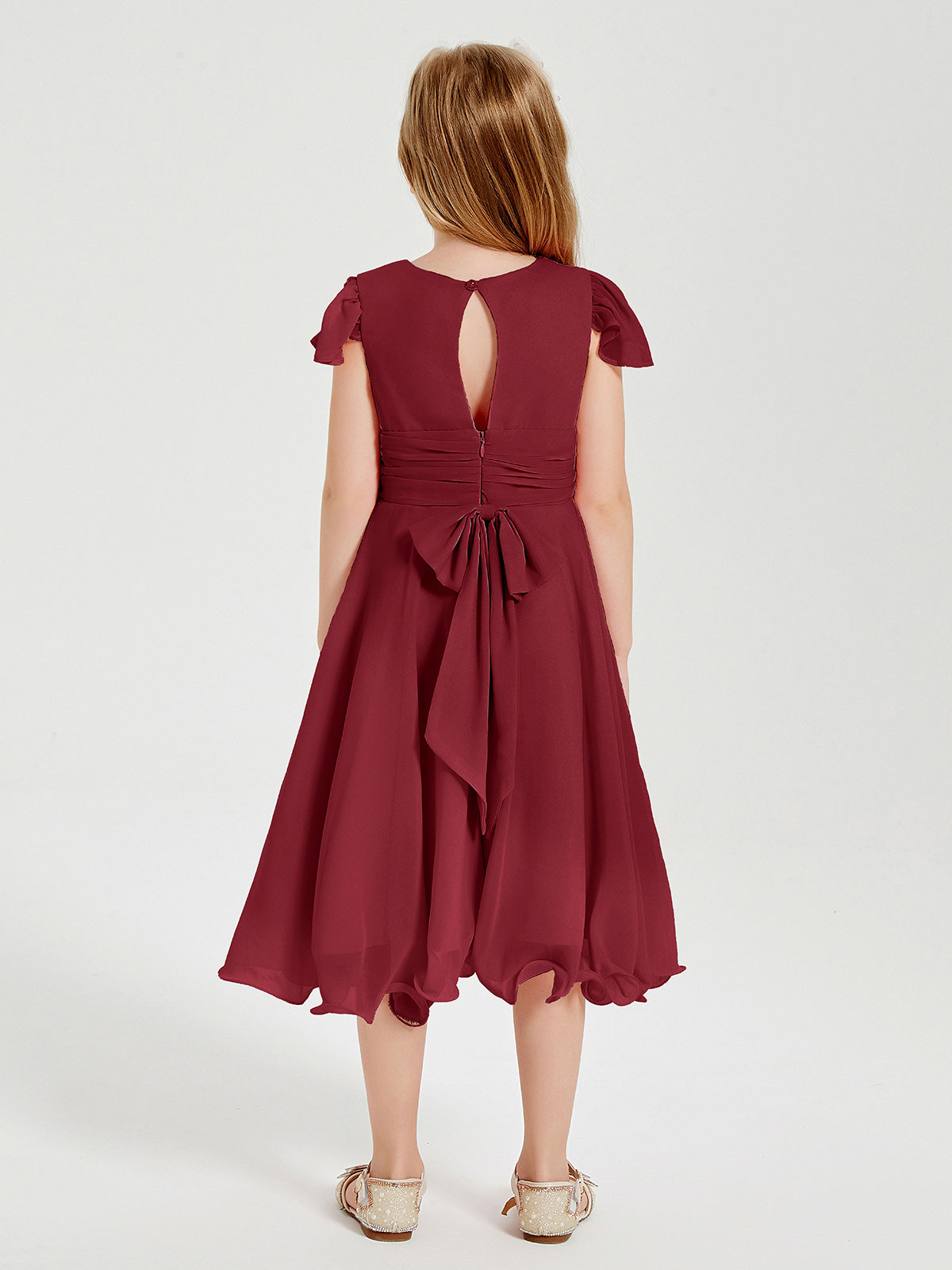 Chiffon Tea Length Junior Bridesmaid Dresses Burgundy